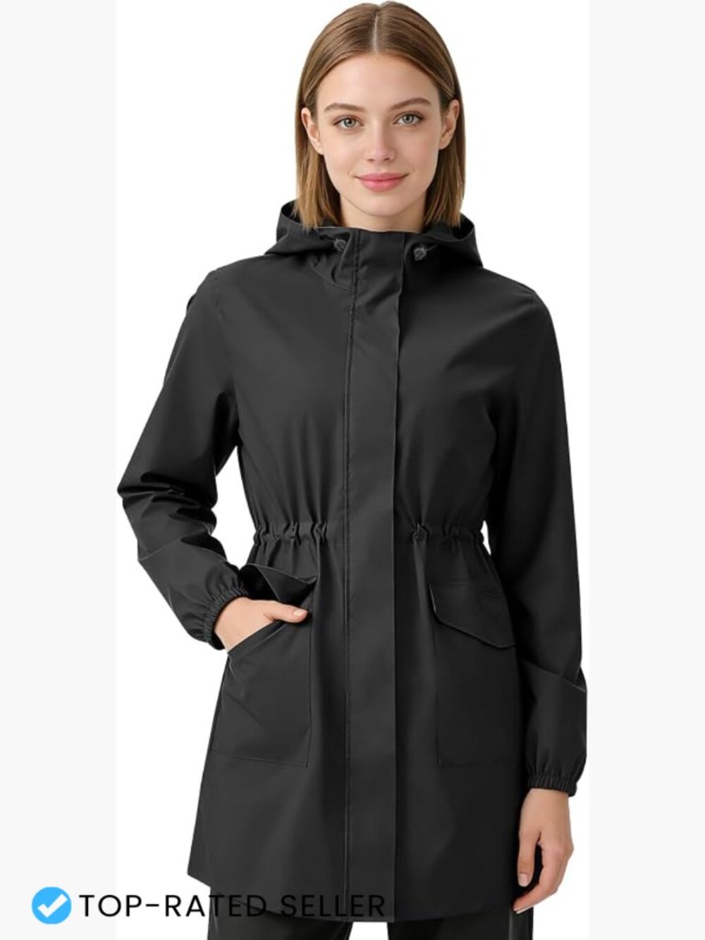Women's Long Rain Jacket Waterproof Lightweight Hooded Trench Coat Packable